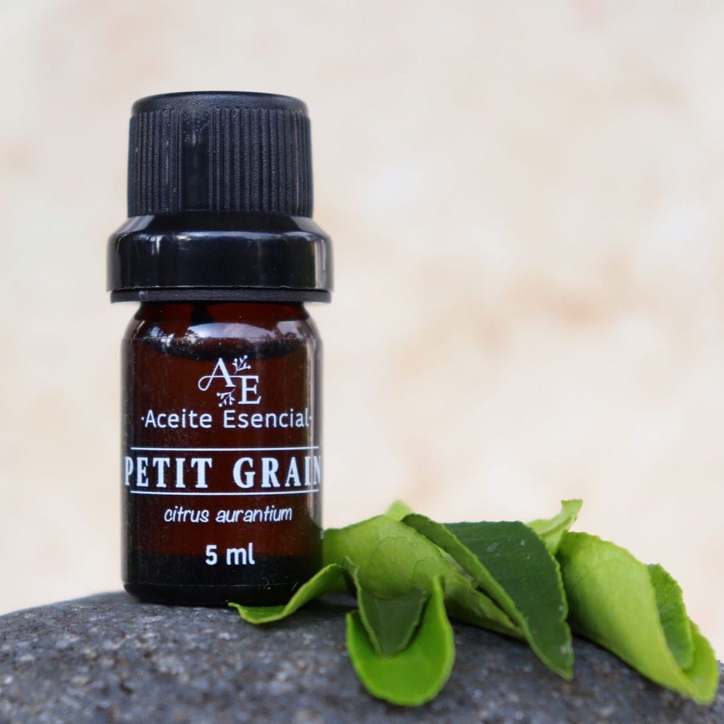 Aceite esencial de petit grain de Ananda encima un piedra con hojas de petit grain. 