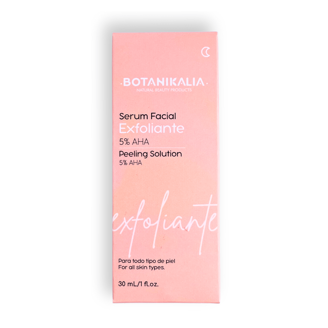 Sérum Facial Exfoliante 5% AHA de botanikalia con su caja con fondo blanco 