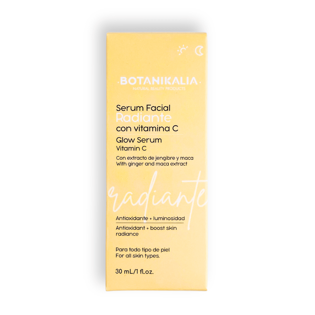 Sérum Facial Radiante con vitamina C con su caja con fondo blanco