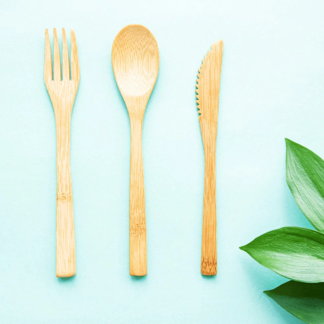 Utensilios de bambú un tenedor, cuchillo y cuchara  con una planta y fondo color menta 