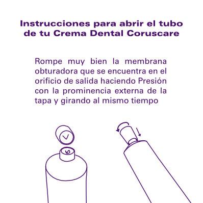 texto y dibujo como abrir y usar la Crema Dental Sin Flúor Blanco Total 