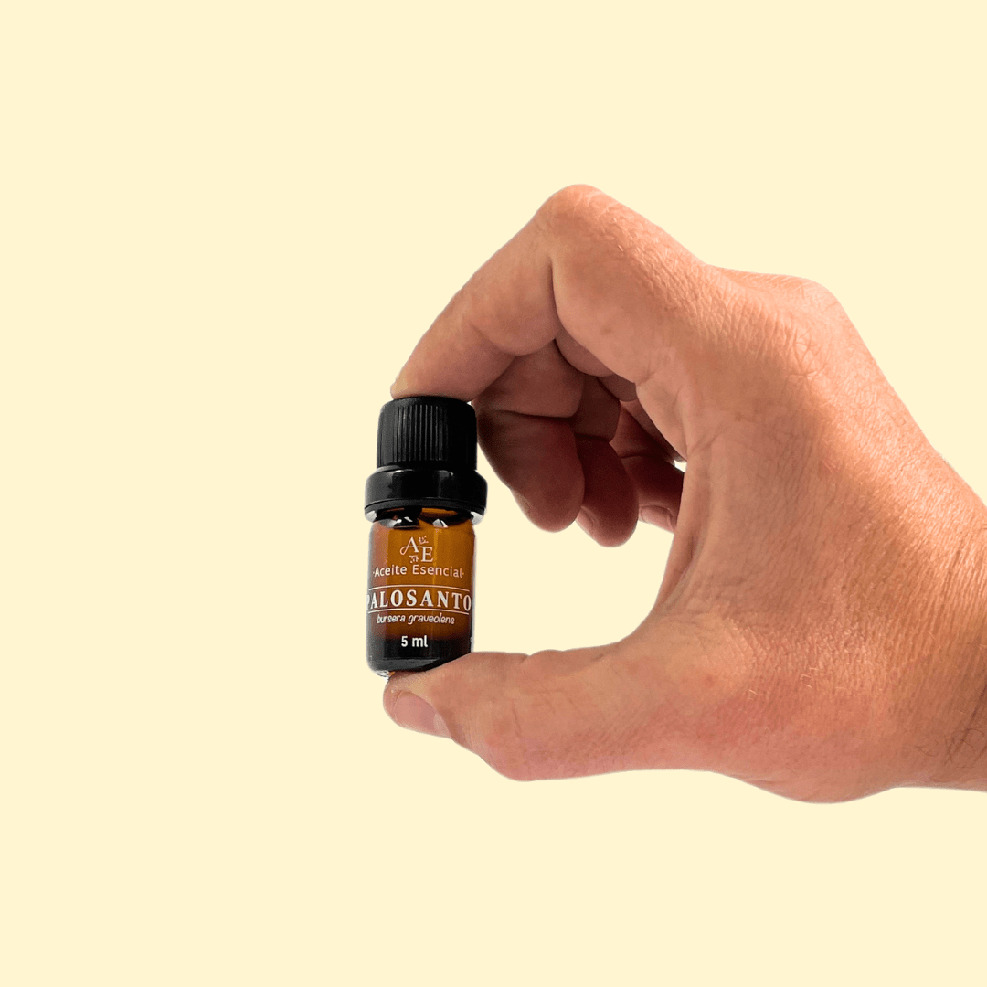 Aceite esencial de palo santo de Ananda con fondo plano color cafe en un mano