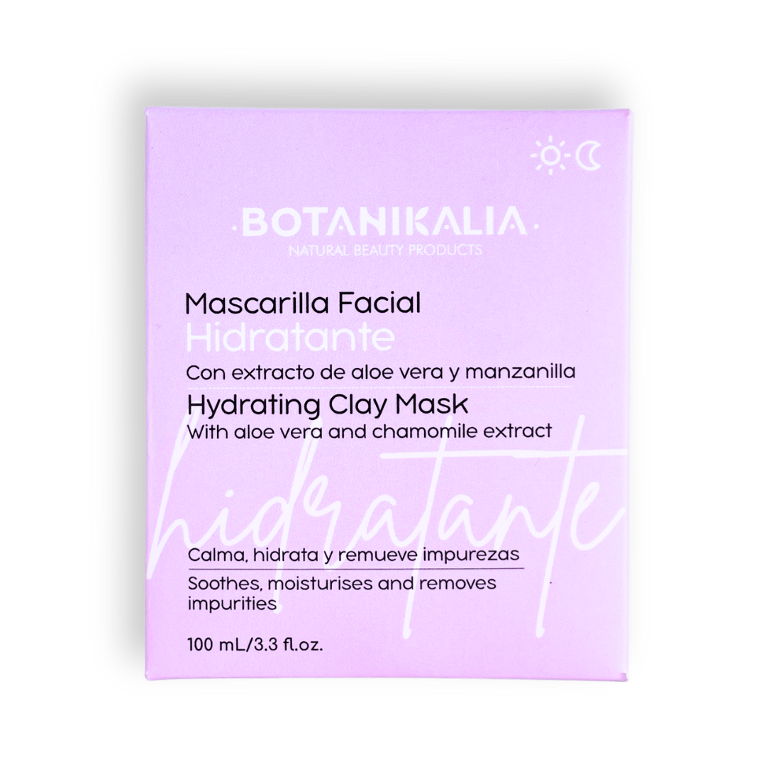 la mascarilla facial de botanikalia en su caja con fondo plano. 