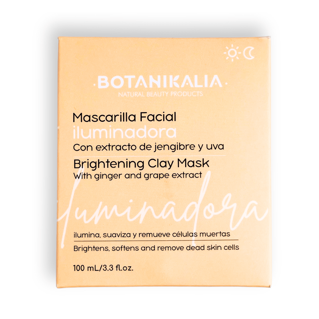 mascarilla facial iluminadora botanikalia en su caja con fondo plano color blanco