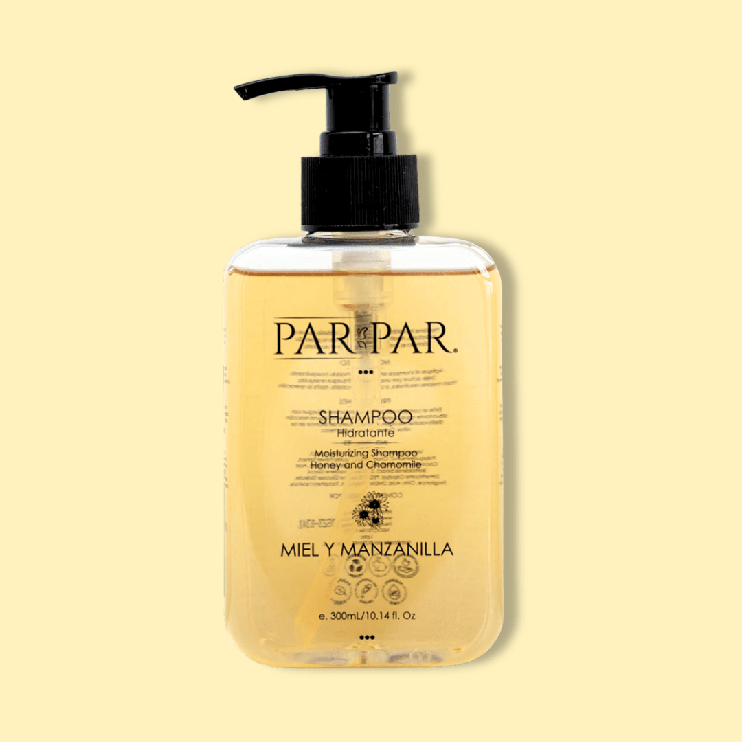 shampoo liquido de miel y manzanilla de  par par con fondo amarillo claro 