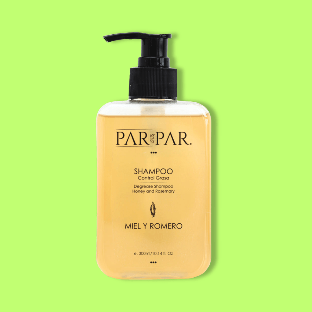 shampoo liquido de miel y romero control de grasa de  par par con fondo amarillo verde 